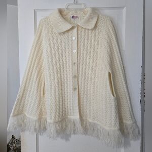 Vintage Women's Cream Poncho with Fringe